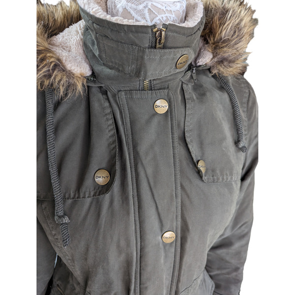 DKNY Women's Faux-Fur Hooded Parka Anorak Jacket Olive Green - Picture 5 of 11
